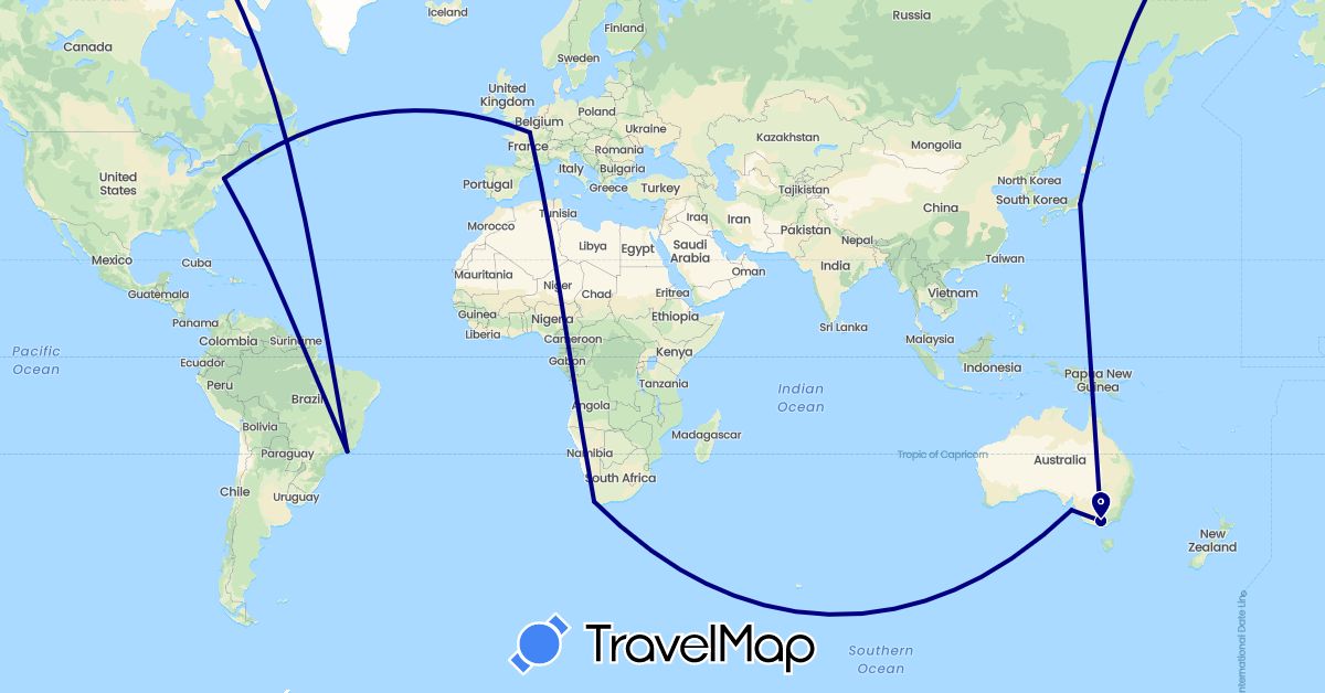 TravelMap itinerary: driving in Australia, Brazil, France, Japan, United States, South Africa (Africa, Asia, Europe, North America, Oceania, South America)